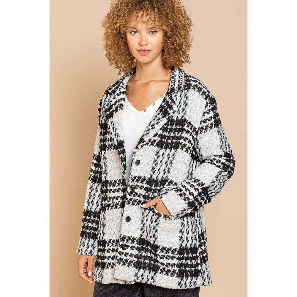 Sale! POL CLOTHING Women's Sweater Cardigan Blazer Black White Button Up FWJ173 - Picture 5 of 9